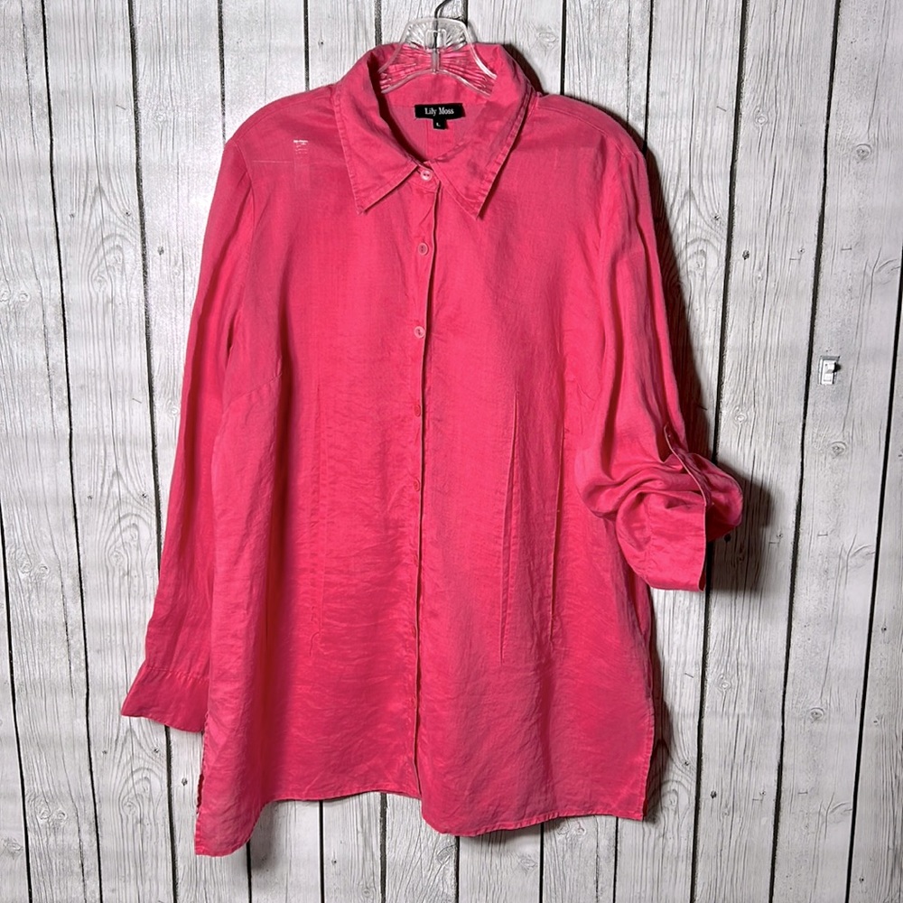Lily moss pink button front linen top size Large